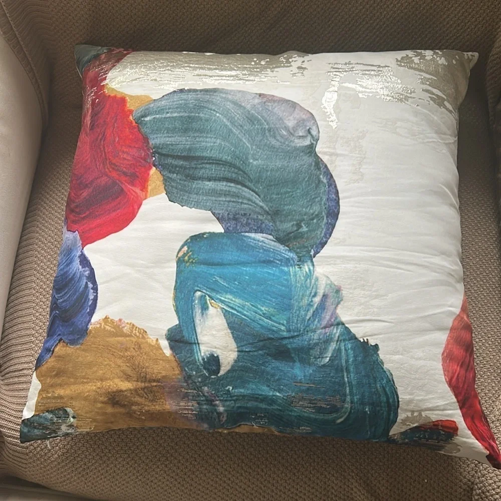 NWT West Elm Art Deco Pillow. Blue, Gold, Red with White Background. Metallic